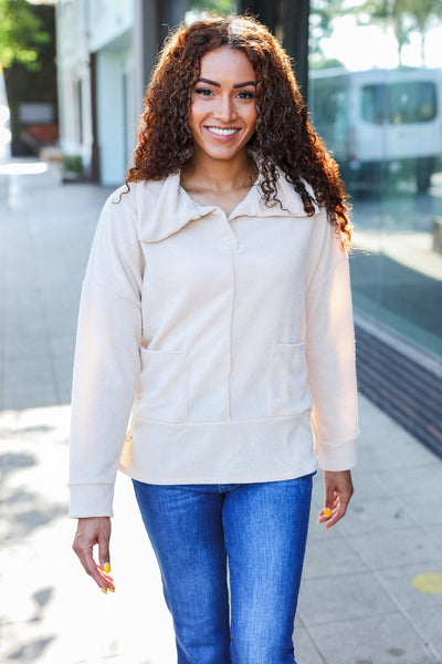 Easy Living Oatmeal Textured Knit Notch Neck Oversized Collar Sweater - Online Only!