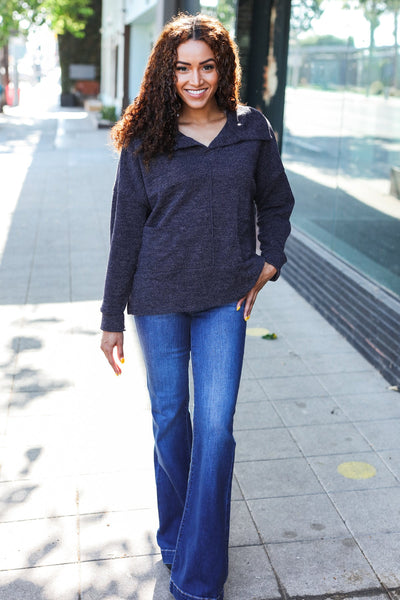 Easy Living Charcoal Textured Knit Notch Neck Oversized Collar Sweater - Online Only!