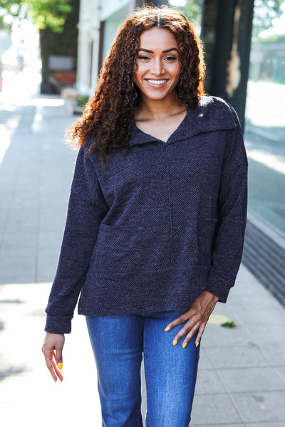 Easy Living Charcoal Textured Knit Notch Neck Oversized Collar Sweater - Online Only!
