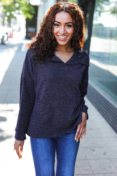 Easy Living Charcoal Textured Knit Notch Neck Oversized Collar Sweater - Online Only!