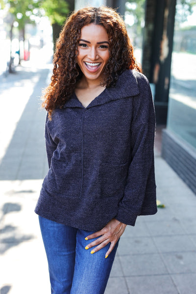 Easy Living Charcoal Textured Knit Notch Neck Oversized Collar Sweater - Online Only!