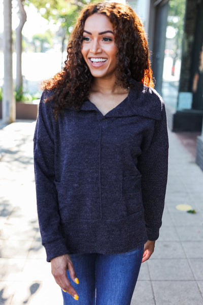 Easy Living Charcoal Textured Knit Notch Neck Oversized Collar Sweater - Online Only!