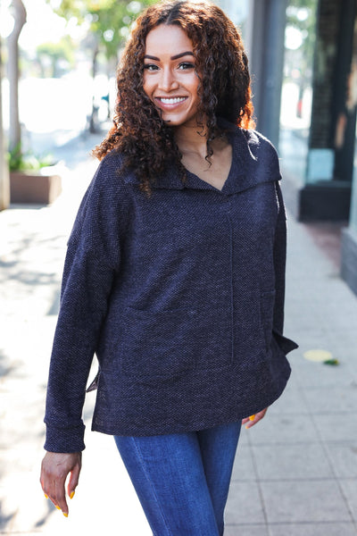 Easy Living Charcoal Textured Knit Notch Neck Oversized Collar Sweater - Online Only!