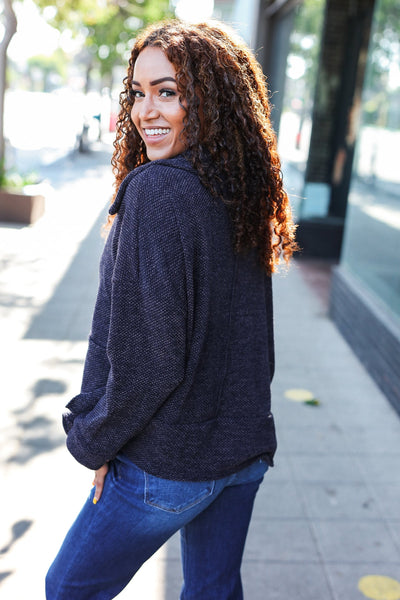 Easy Living Charcoal Textured Knit Notch Neck Oversized Collar Sweater - Online Only!