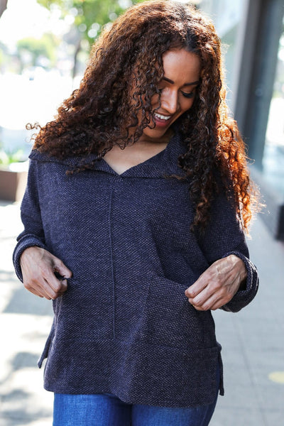 Easy Living Charcoal Textured Knit Notch Neck Oversized Collar Sweater - Online Only!