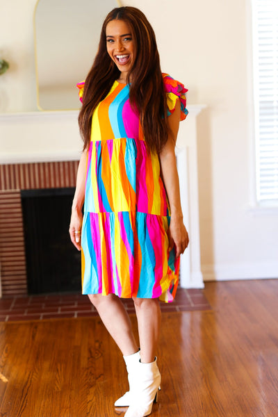 Eyes On You Multicolor Abstract Print Smocked Ruffle Sleeve Dress - Online Only!