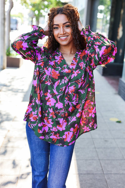 Eyes On You Forest Green Floral Smocked Bubble Sleeve V Neck Top - Online Only!