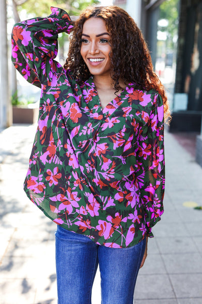 Eyes On You Forest Green Floral Smocked Bubble Sleeve V Neck Top - Online Only!