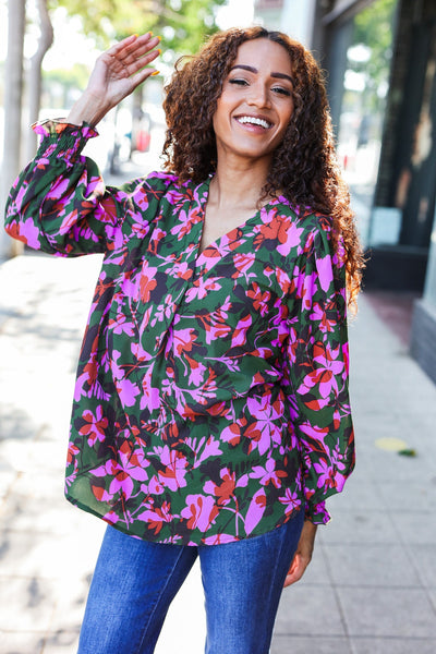 Eyes On You Forest Green Floral Smocked Bubble Sleeve V Neck Top - Online Only!