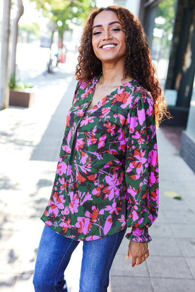 Eyes On You Forest Green Floral Smocked Bubble Sleeve V Neck Top - Online Only!