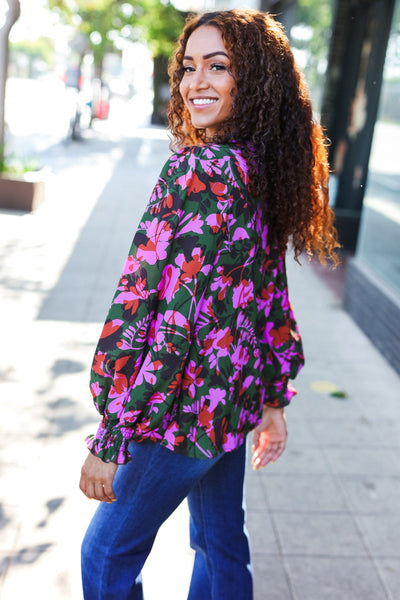 Eyes On You Forest Green Floral Smocked Bubble Sleeve V Neck Top - Online Only!