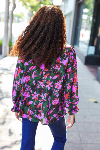 Eyes On You Forest Green Floral Smocked Bubble Sleeve V Neck Top - Online Only!