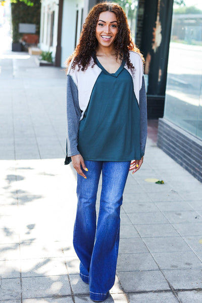 Stand Out Hunter Green V Neck Raglan Color Block Outseam Top - Online Only!