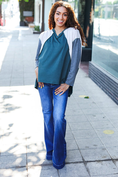Stand Out Hunter Green V Neck Raglan Color Block Outseam Top - Online Only!