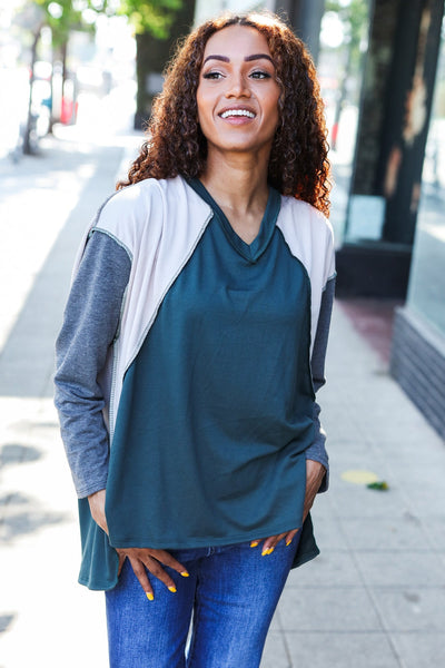 Stand Out Hunter Green V Neck Raglan Color Block Outseam Top - Online Only!