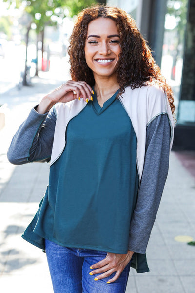 Stand Out Hunter Green V Neck Raglan Color Block Outseam Top - Online Only!