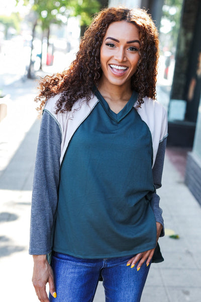 Stand Out Hunter Green V Neck Raglan Color Block Outseam Top - Online Only!