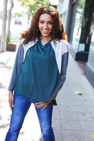 Stand Out Hunter Green V Neck Raglan Color Block Outseam Top - Online Only!