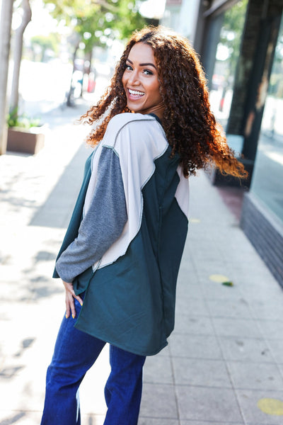 Stand Out Hunter Green V Neck Raglan Color Block Outseam Top - Online Only!