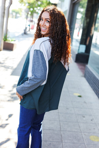 Stand Out Hunter Green V Neck Raglan Color Block Outseam Top - Online Only!