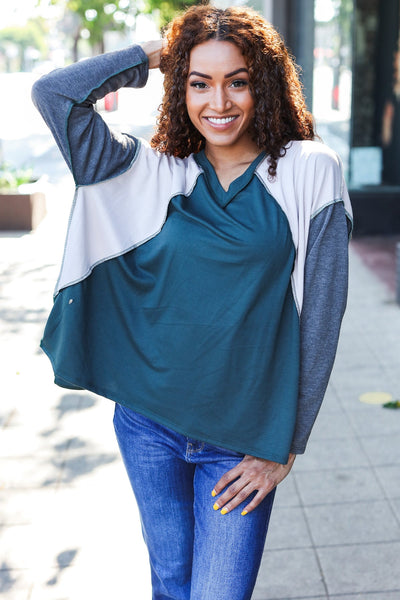 Stand Out Hunter Green V Neck Raglan Color Block Outseam Top - Online Only!