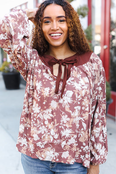 Spread Joy Taupe Floral Front Tie Elastic Long Sleeve Blouse - Online Only!