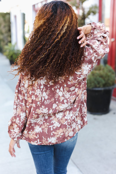 Spread Joy Taupe Floral Front Tie Elastic Long Sleeve Blouse - Online Only!