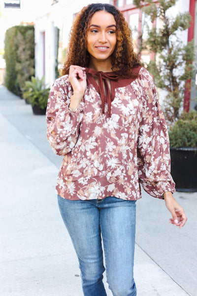Spread Joy Taupe Floral Front Tie Elastic Long Sleeve Blouse - Online Only!