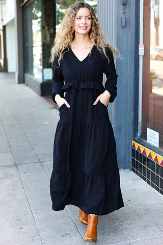Beautiful You Black Pintuck Detail Frill V Neck Maxi Dress - Online Only!