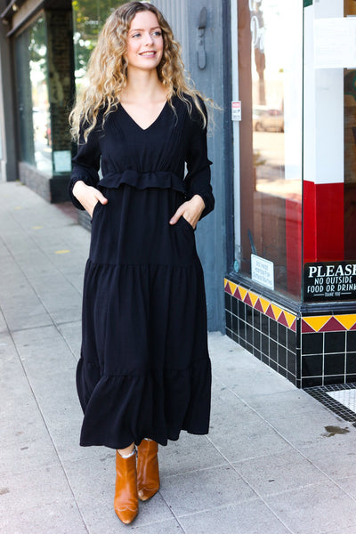 Beautiful You Black Pintuck Detail Frill V Neck Maxi Dress - Online Only!