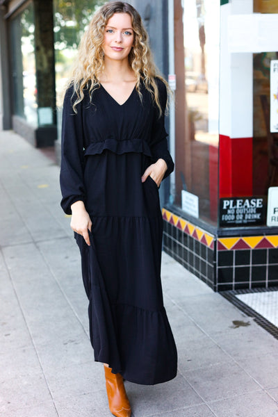 Beautiful You Black Pintuck Detail Frill V Neck Maxi Dress - Online Only!