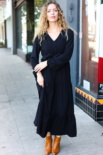 Beautiful You Black Pintuck Detail Frill V Neck Maxi Dress - Online Only!