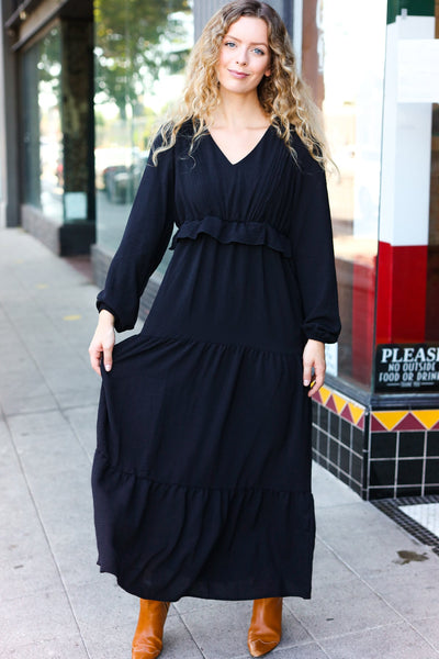 Beautiful You Black Pintuck Detail Frill V Neck Maxi Dress - Online Only!