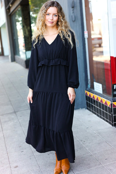 Beautiful You Black Pintuck Detail Frill V Neck Maxi Dress - Online Only!