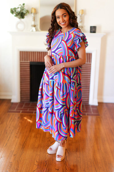 Feel Your Best Purple Abstract Print Smocked Ruffle Sleeve Maxi Dress - Online Only!