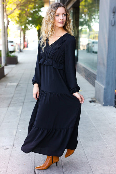 Beautiful You Black Pintuck Detail Frill V Neck Maxi Dress - Online Only!