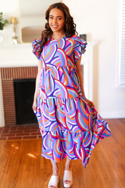 Feel Your Best Purple Abstract Print Smocked Ruffle Sleeve Maxi Dress - Online Only!