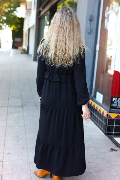 Beautiful You Black Pintuck Detail Frill V Neck Maxi Dress - Online Only!