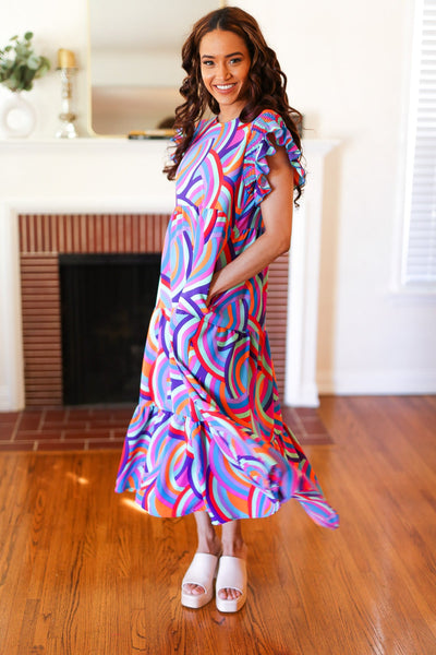 Feel Your Best Purple Abstract Print Smocked Ruffle Sleeve Maxi Dress - Online Only!