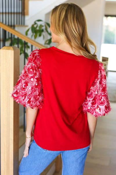 Come To Me Red Sequin Puff Short Sleeve Top - Online Only!