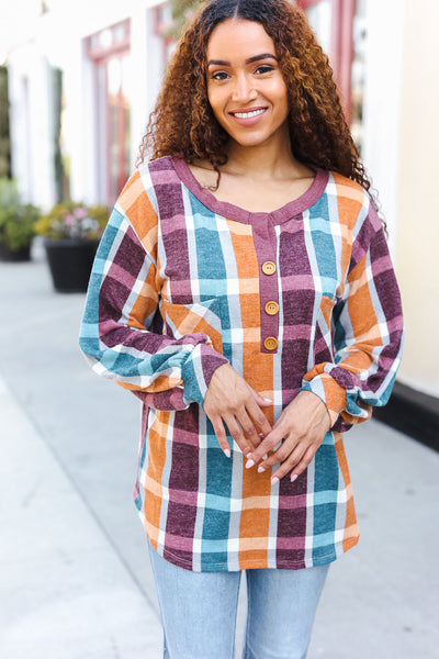 Adorable In Plaid French Terry Henley Pocket Top - Online Only!