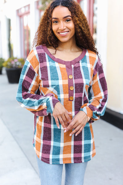 Adorable In Plaid French Terry Henley Pocket Top - Online Only!