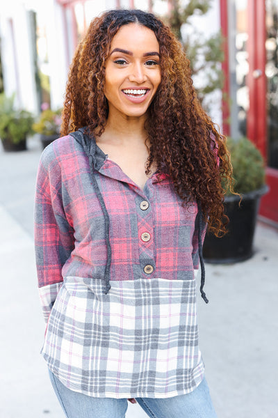 Pretty in Plaid Brushed Hacci Color Block Hoodie - Online Only!
