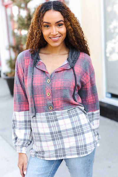 Pretty in Plaid Brushed Hacci Color Block Hoodie - Online Only!