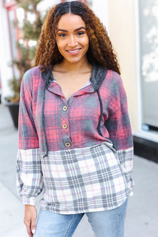Pretty in Plaid Brushed Hacci Color Block Hoodie - Online Only!
