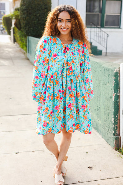 Aqua Floral Ribbon Bow Tie Babydoll Dress - Online Only!