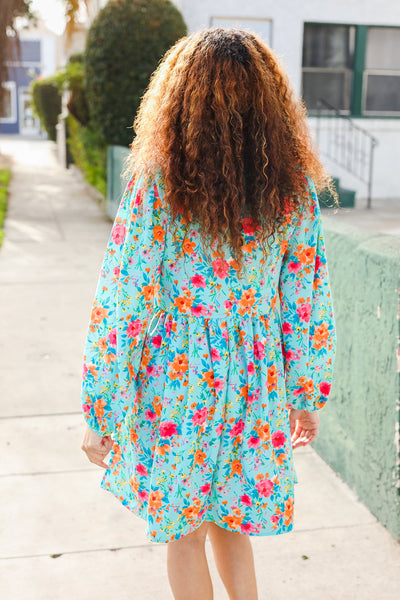 Aqua Floral Ribbon Bow Tie Babydoll Dress - Online Only!