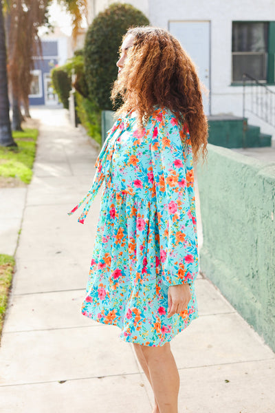 Aqua Floral Ribbon Bow Tie Babydoll Dress - Online Only!