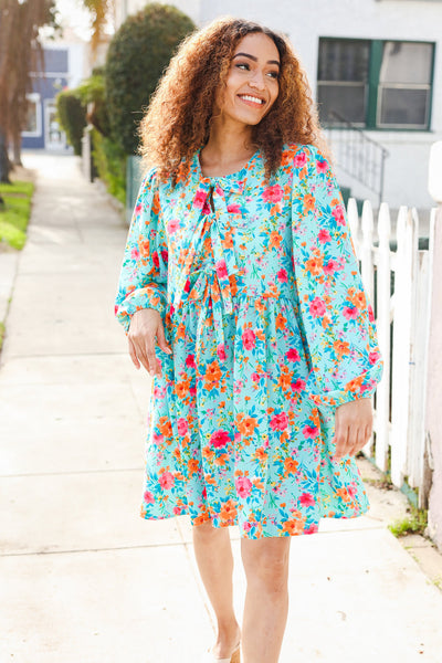 Aqua Floral Ribbon Bow Tie Babydoll Dress - Online Only!
