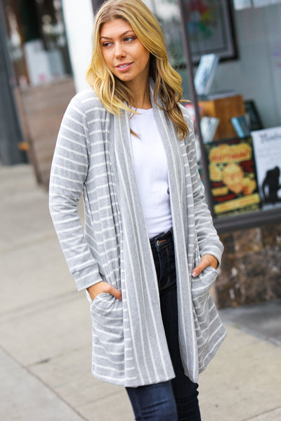Taking It Easy Grey Striped Hacci Open Cardigan - Online Only!
